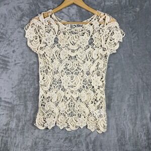 Crochet Floral Top S Boho Festival Lace Open Knit Short Sleeve Cream Cotton